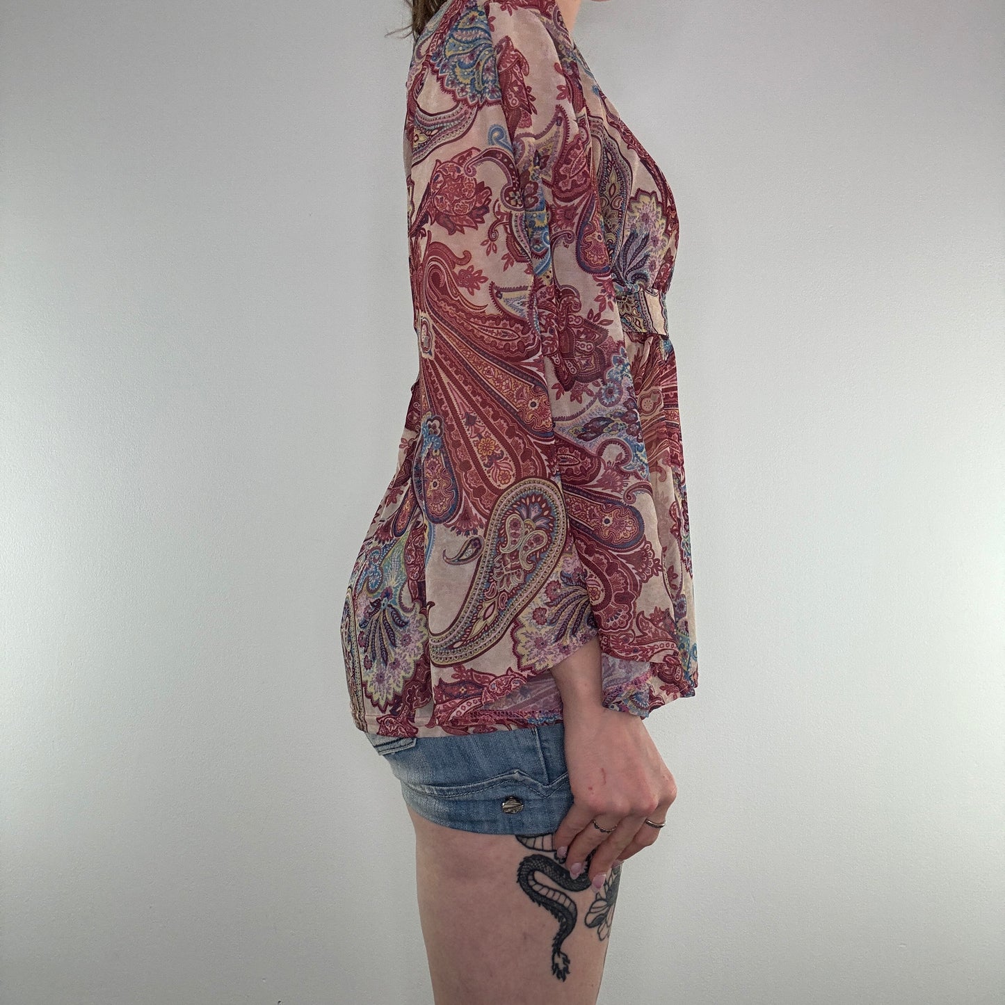 Y2K mesh paisley boho bow floaty top