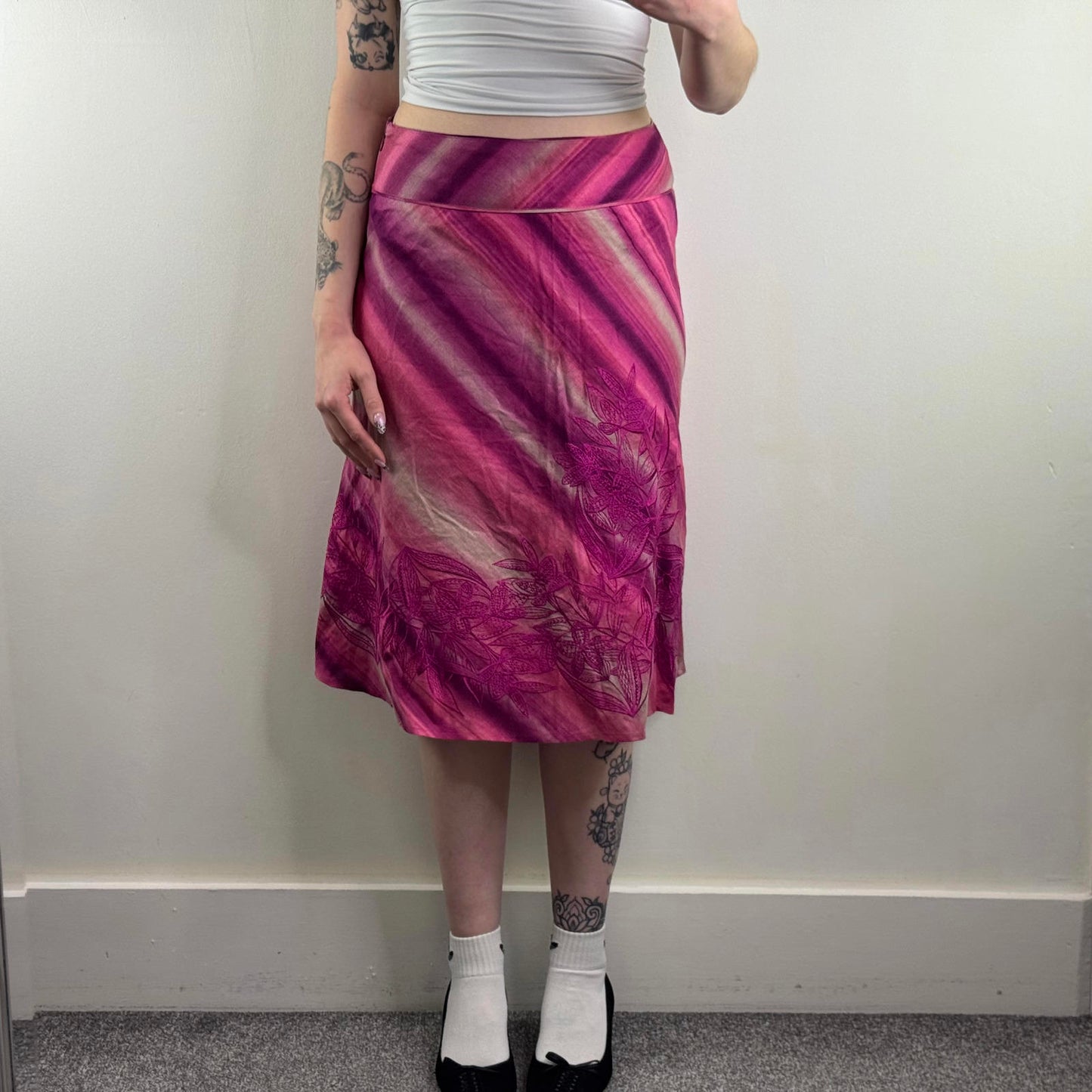 Y2K vintage 100% linen stripe midi skirt a line knee length floral embroidered