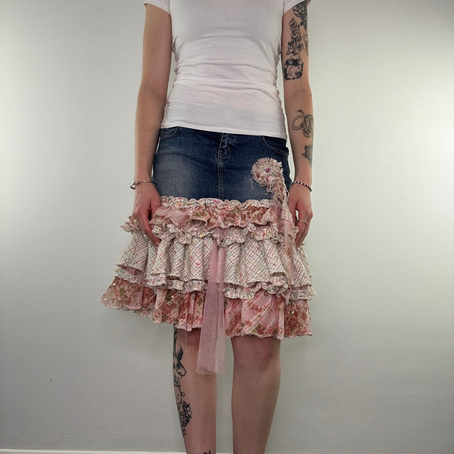 Y2K denim rara frilly rosette rose tutu midi skirt