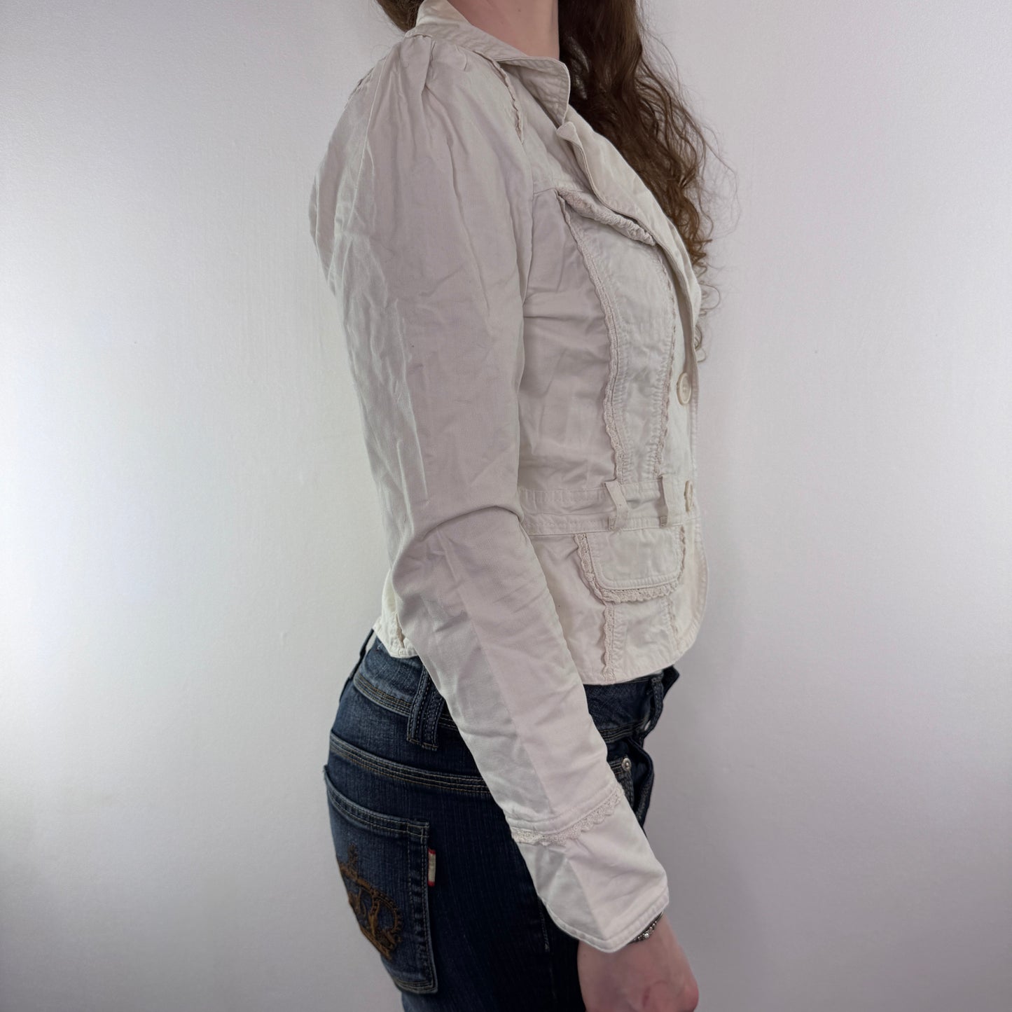 Y2K vintage fitted denim blazer frill knit trims button up jacket