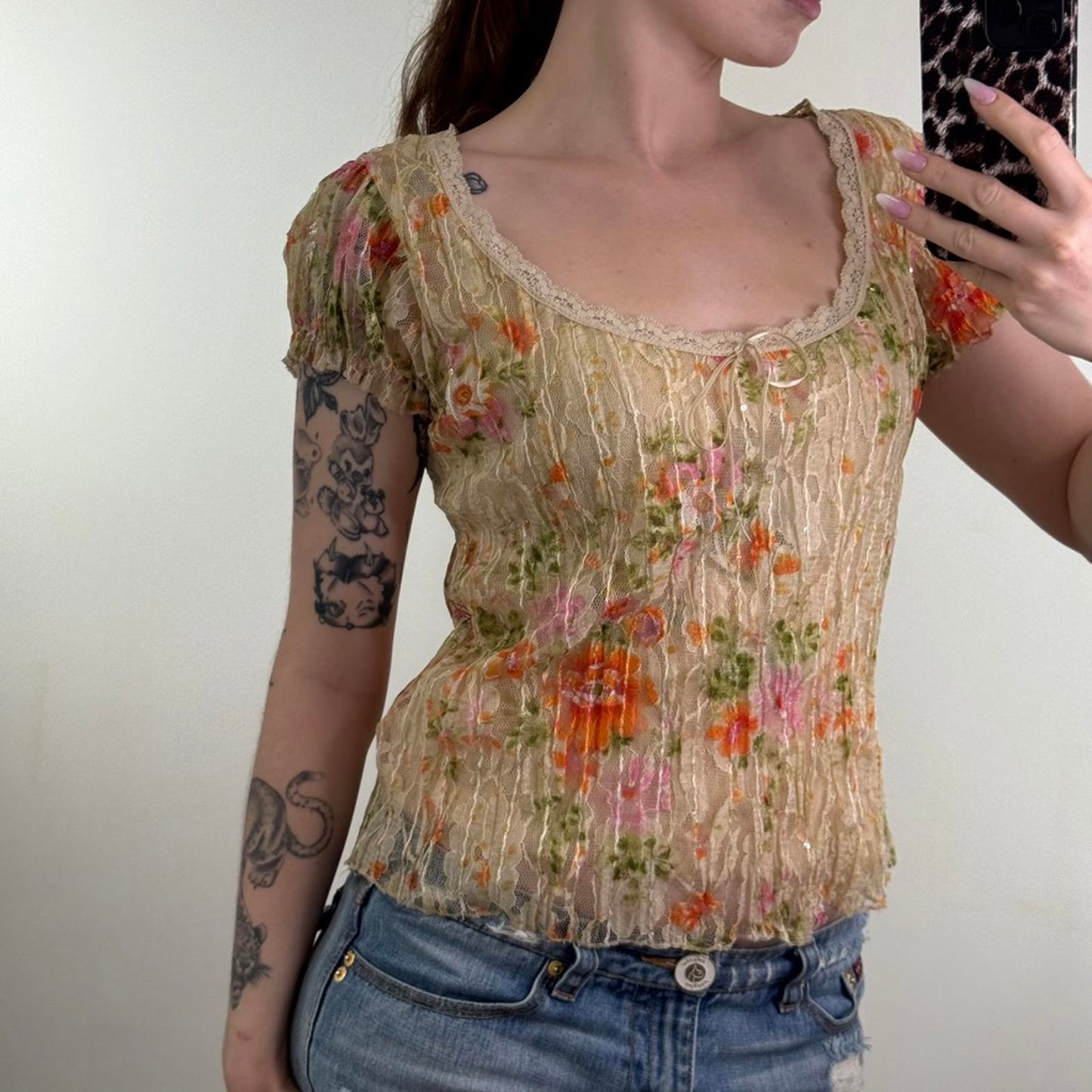 Y2K vintage Per Una mesh overlay short sleeve top round neck double layer bow
