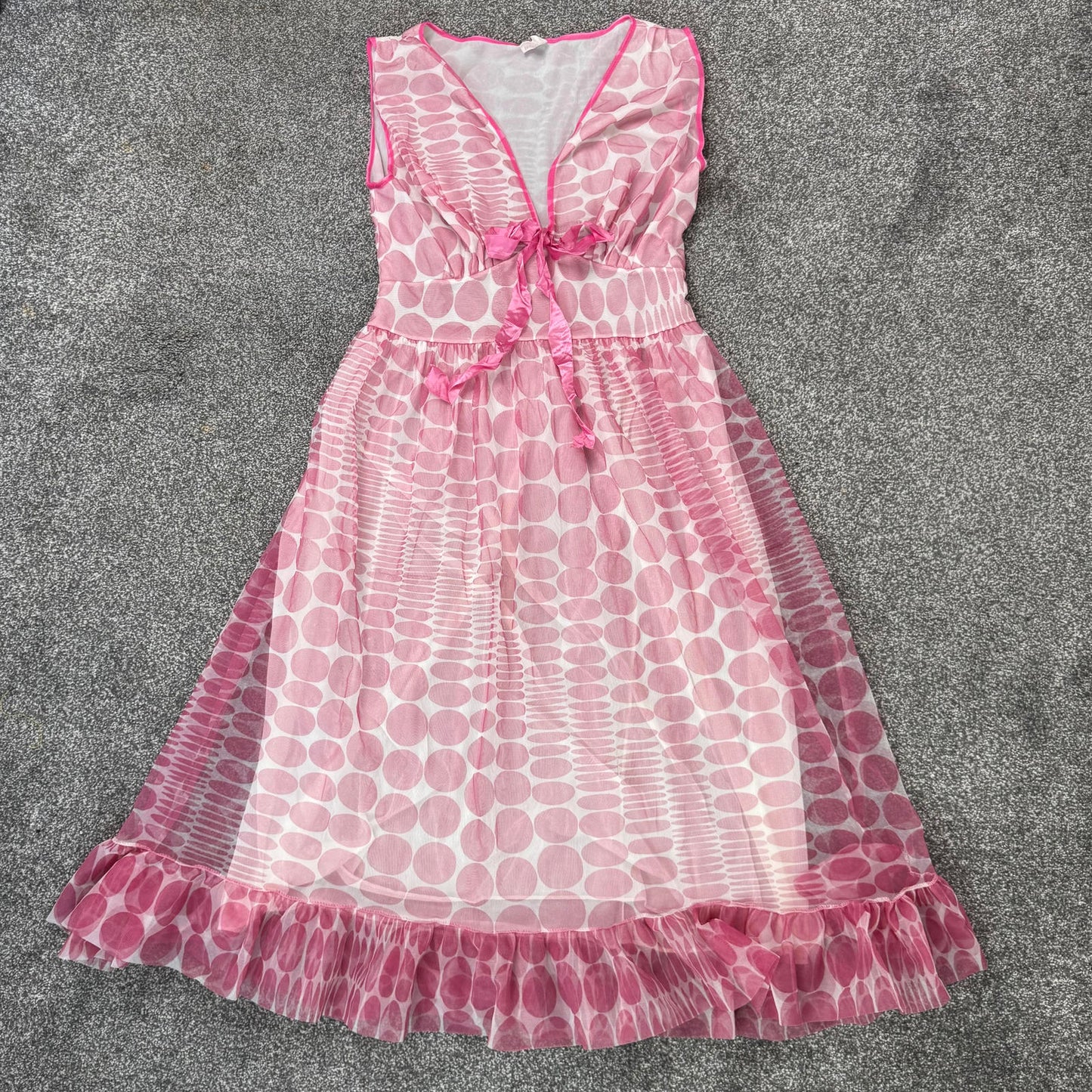 Vintage night dress polka dot frill mesh tiered bow pink white satin bow overlay
