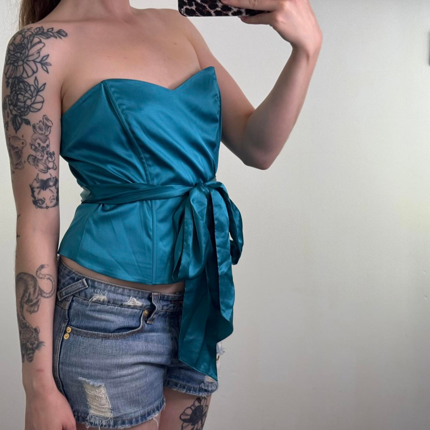 Y2K vintage silk blend strapless structured bustier top turquoise bow
