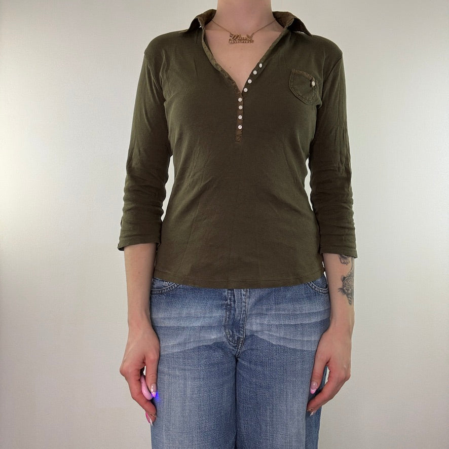 Y2K vintage khaki henley 3/4 sleeve polo top