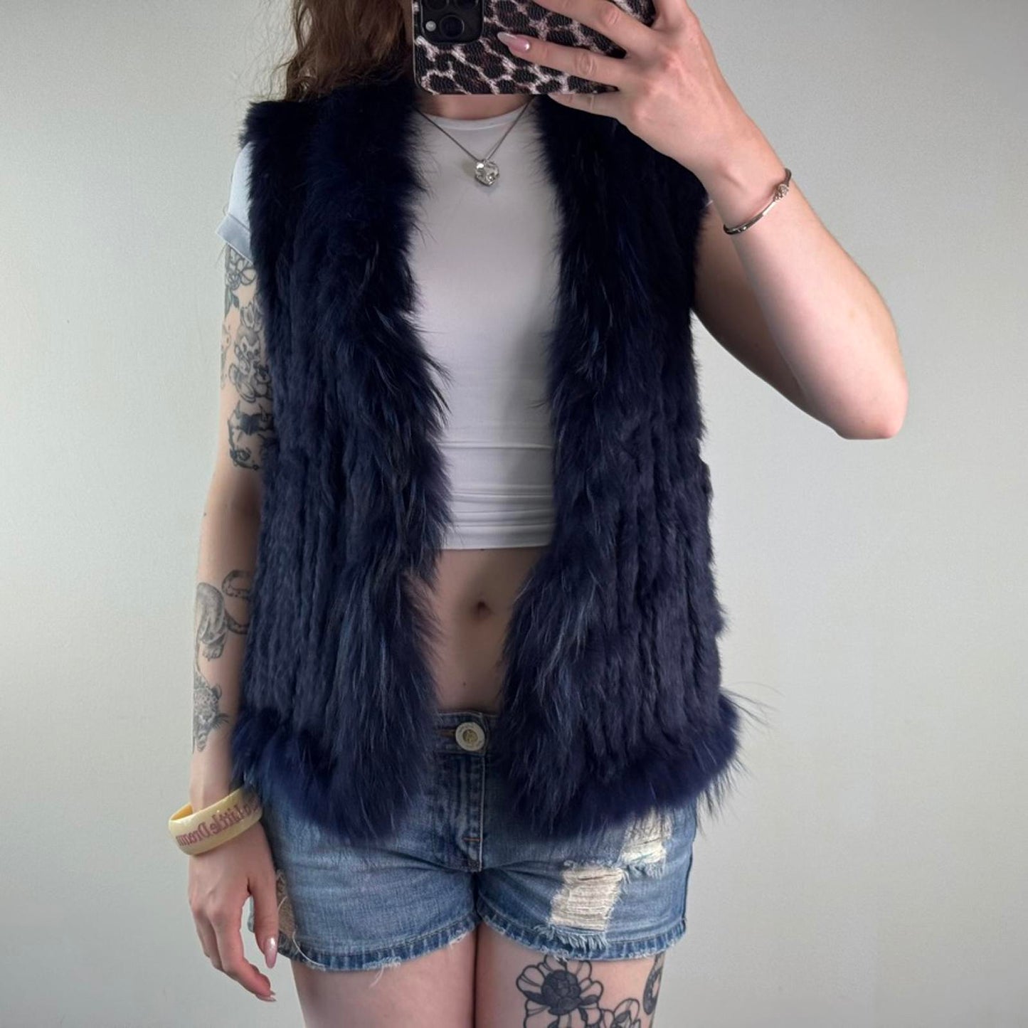 Genuine fur rabbit/ raccoon sleeveless jacket gilet v neck blue