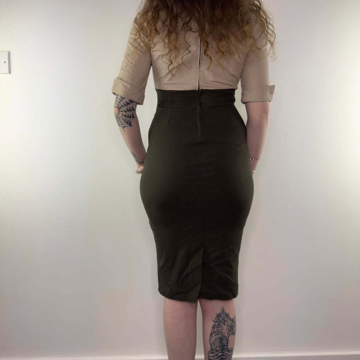 Pinup Couture military dress midi rockabilly stretchy fitted khaki beige