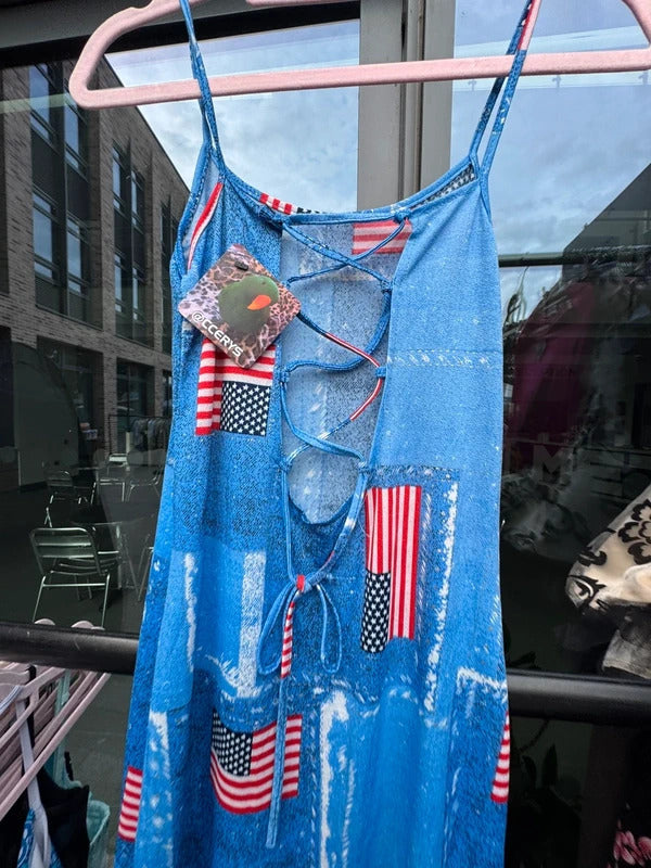 Y2K vintage slinky USA flag mini dress lace up back