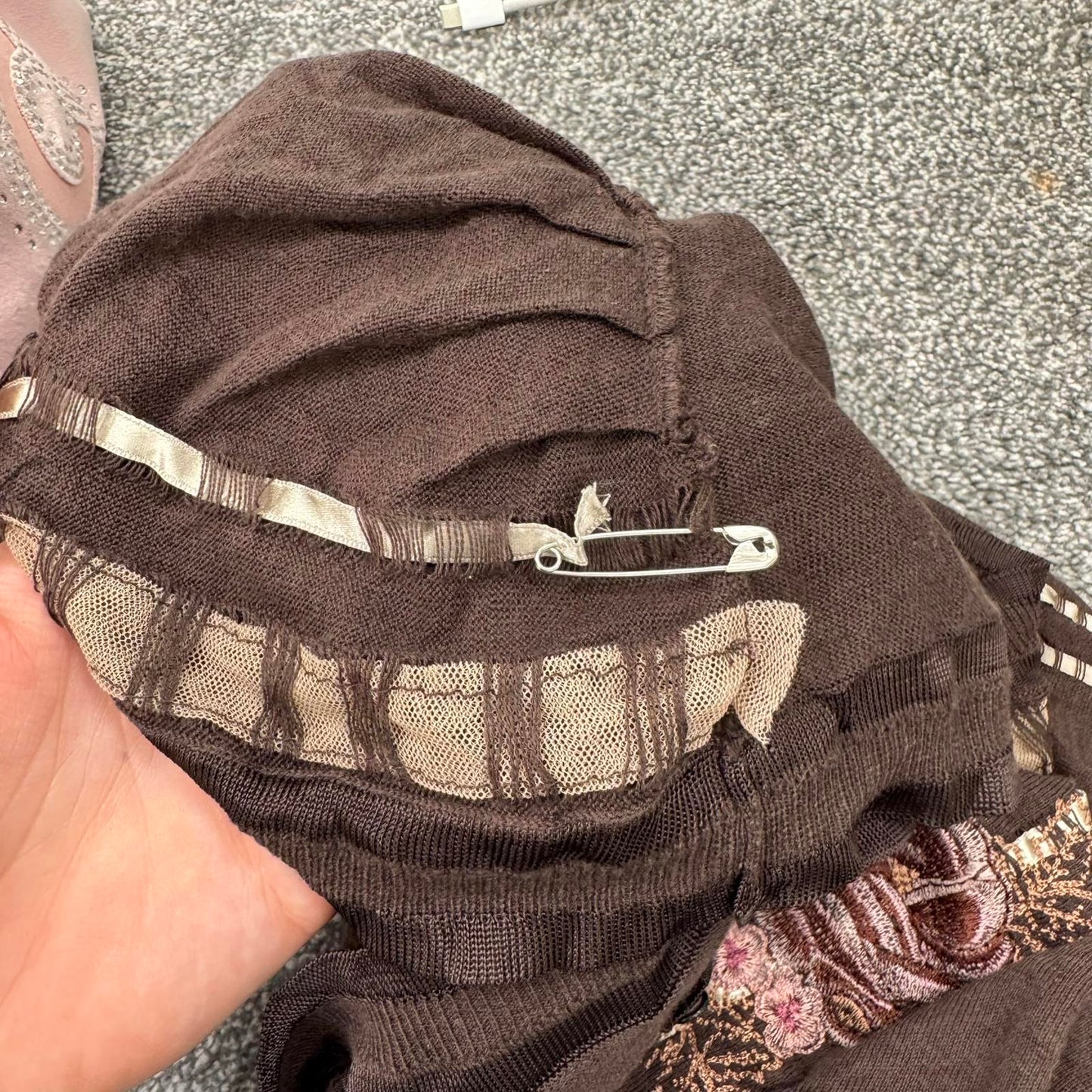 Y2K vintage Karen Millen cropped cardigan 3/4 sleeve ribbon floral embroidered