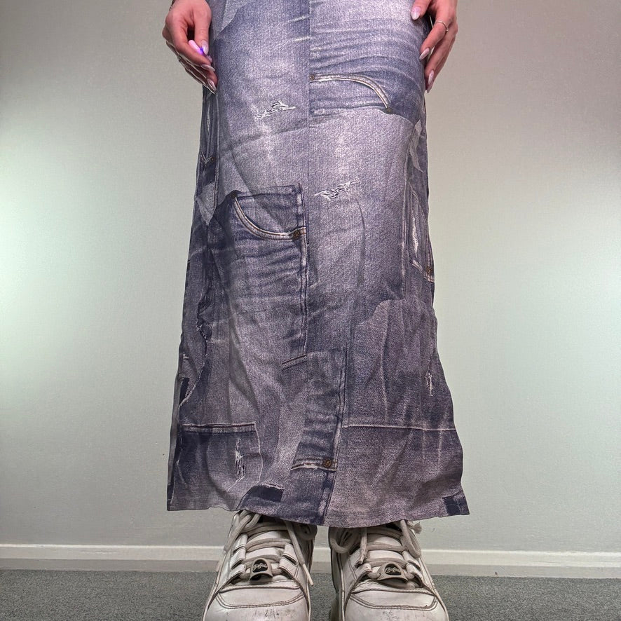 Y2K vintage denim printed pattern sparkly maxi skirt