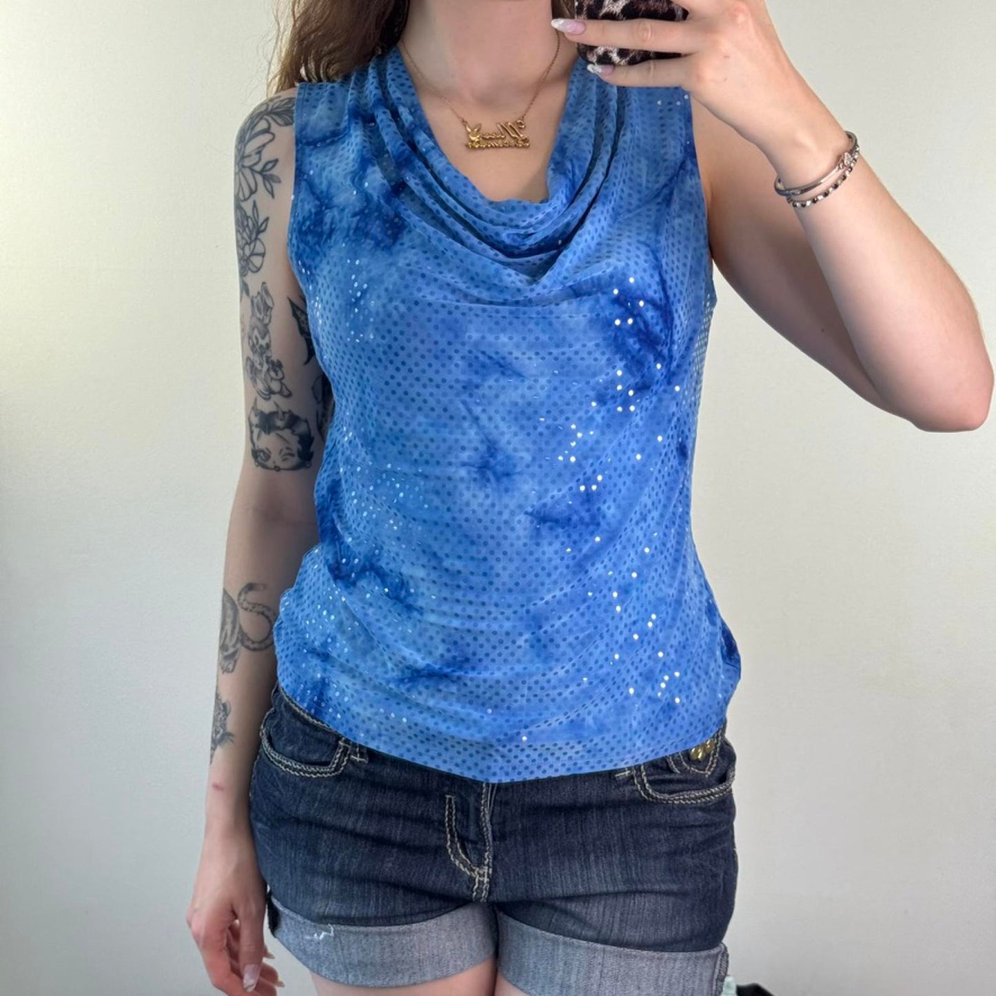 Y2K vintage cowl neck slinky tank top stretchy fitted shimmer blue tie dye