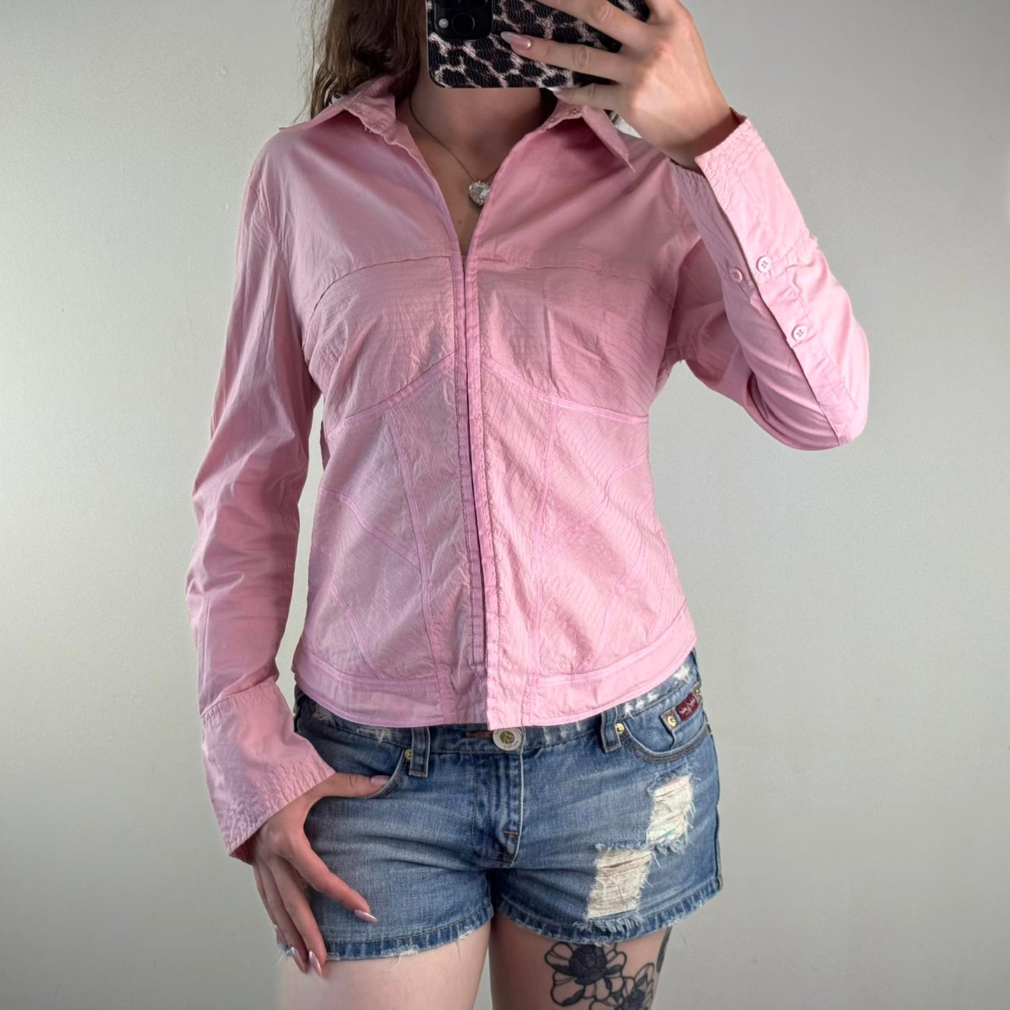 Y2K vintage stretchy hook and eye shirt long sleeve keyhole structured stitching