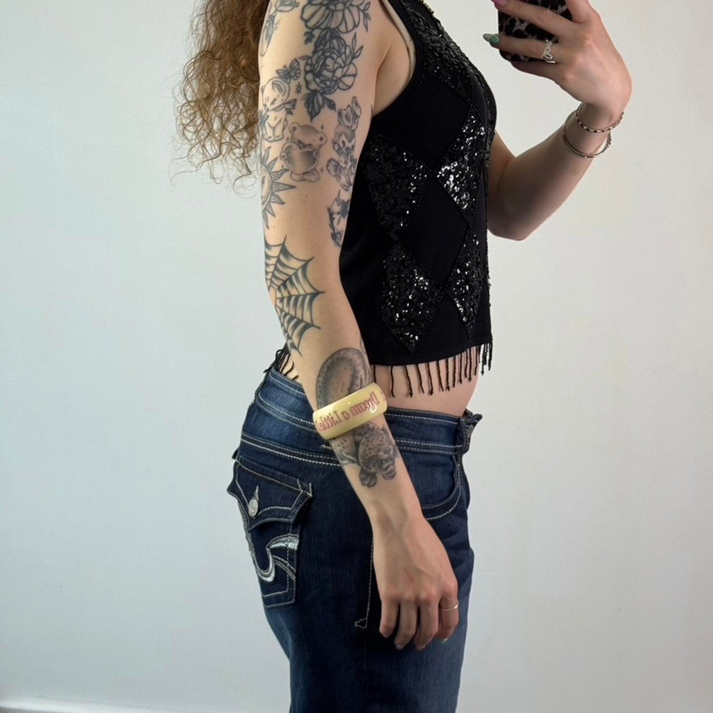 Y2K vintage fine knit sequin diamond tank top beaded tassel fringe high neck