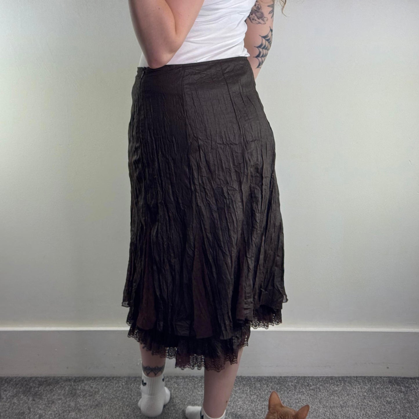 Y2K vintage crinkle lace trim maxi skirt a line brown