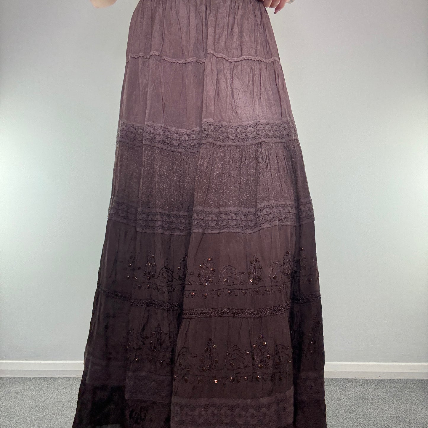 Y2K vintage boho ombre lace sequin trim maxi skirt