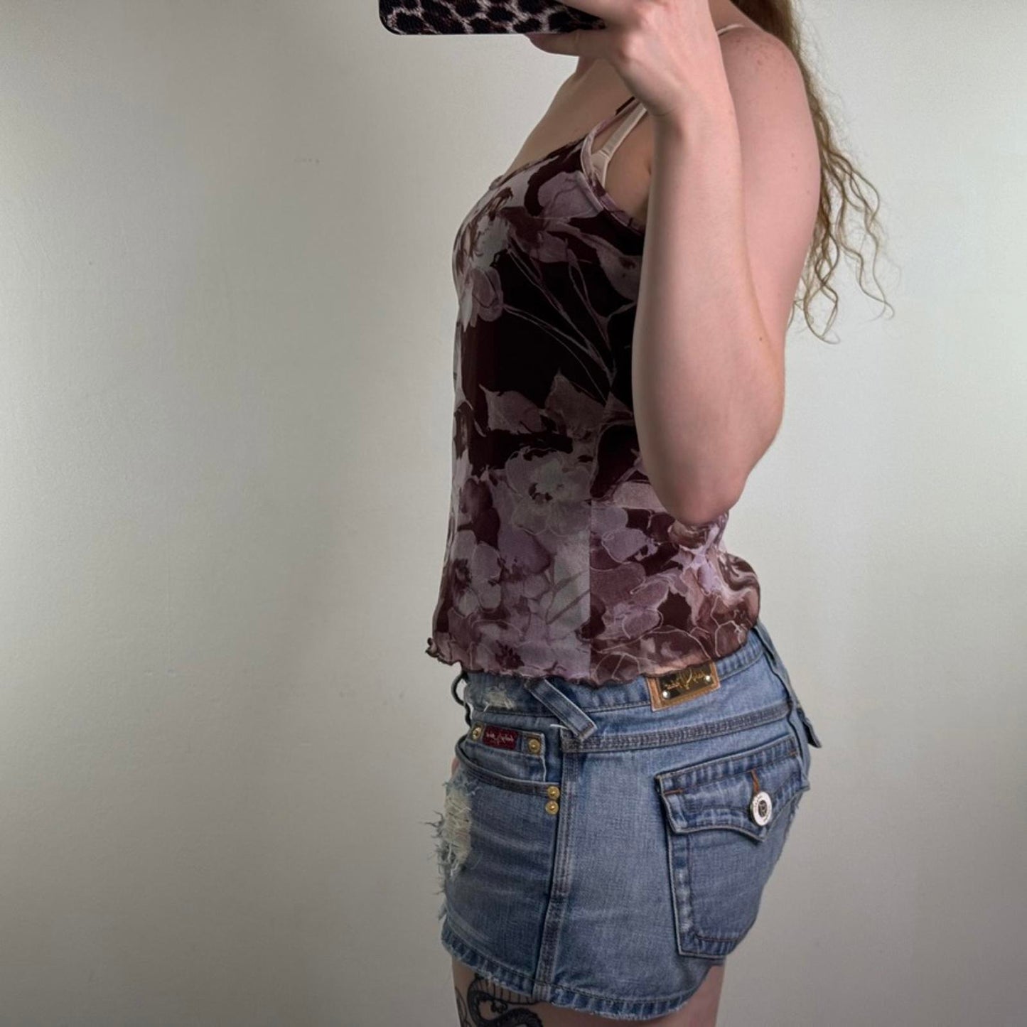 Y2K vintage mesh floral cami top stretchy lettuce hem strappy