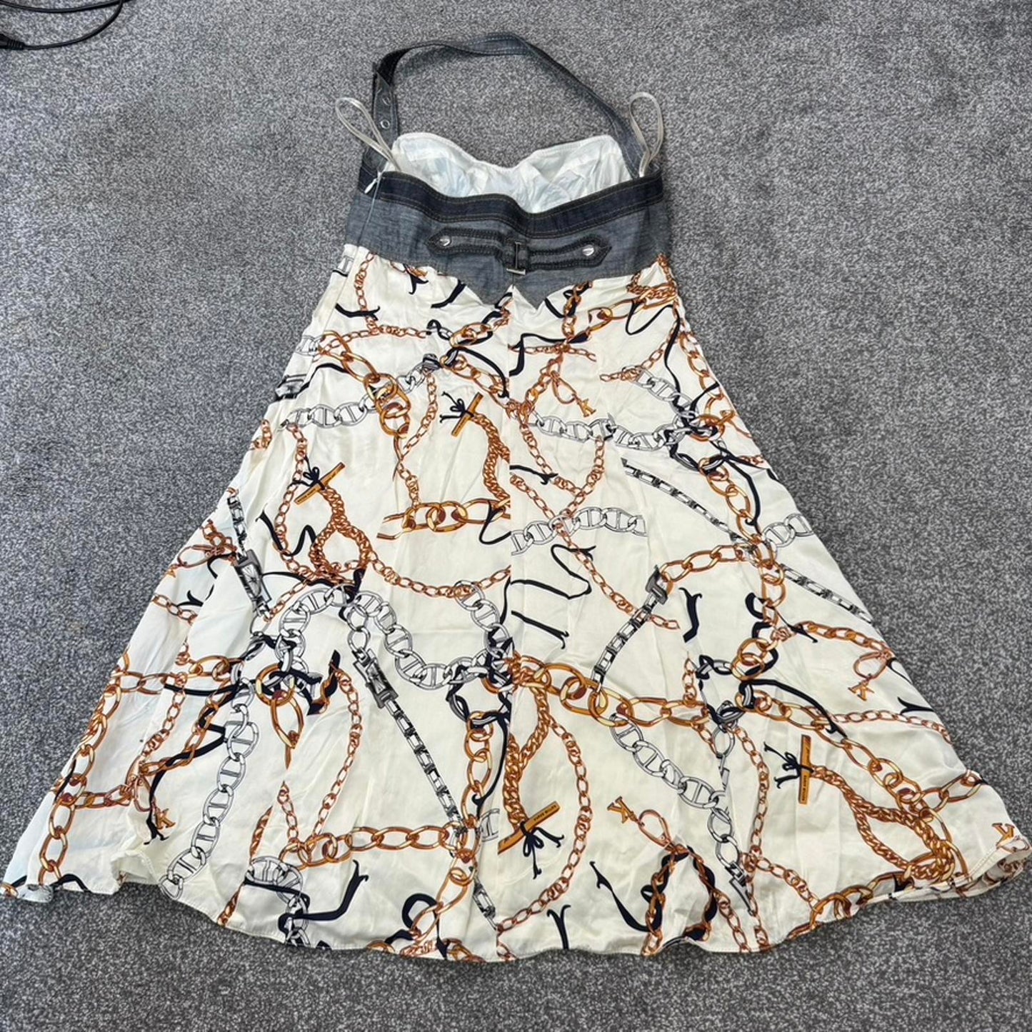 Y2K vintage Karen Millen silk denim midi dress halter neck a line chain pattern