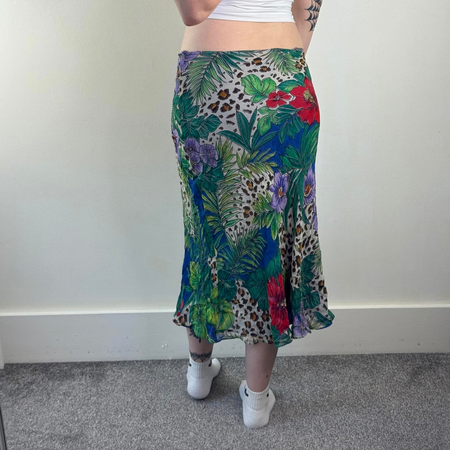 Y2K vintage low rise midi skirt beaded leopard print floral palm tree hibiscus
