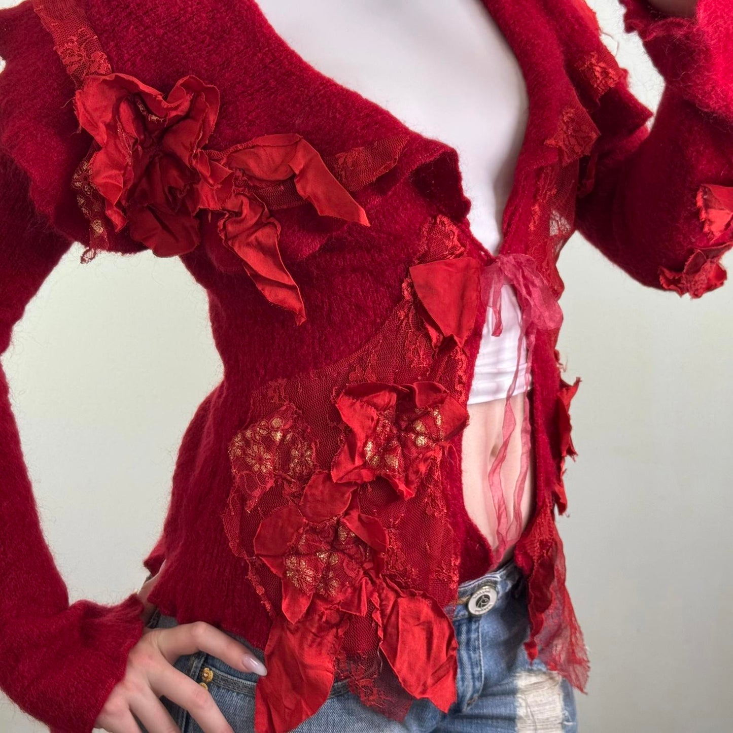 Y2K vintage mohair/ silk knit cardigan lace trim 3D flowers bow patchwork