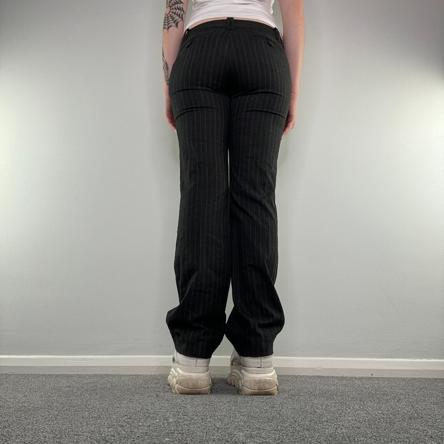 Y2K tailored office pinstripe dark grey low rise bootcut trousers