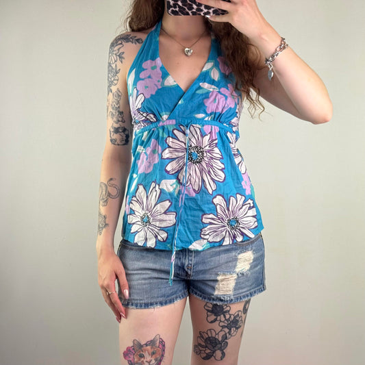 Y2K vintage halter neck floral v neck top beaded adjustable bow bust ruched