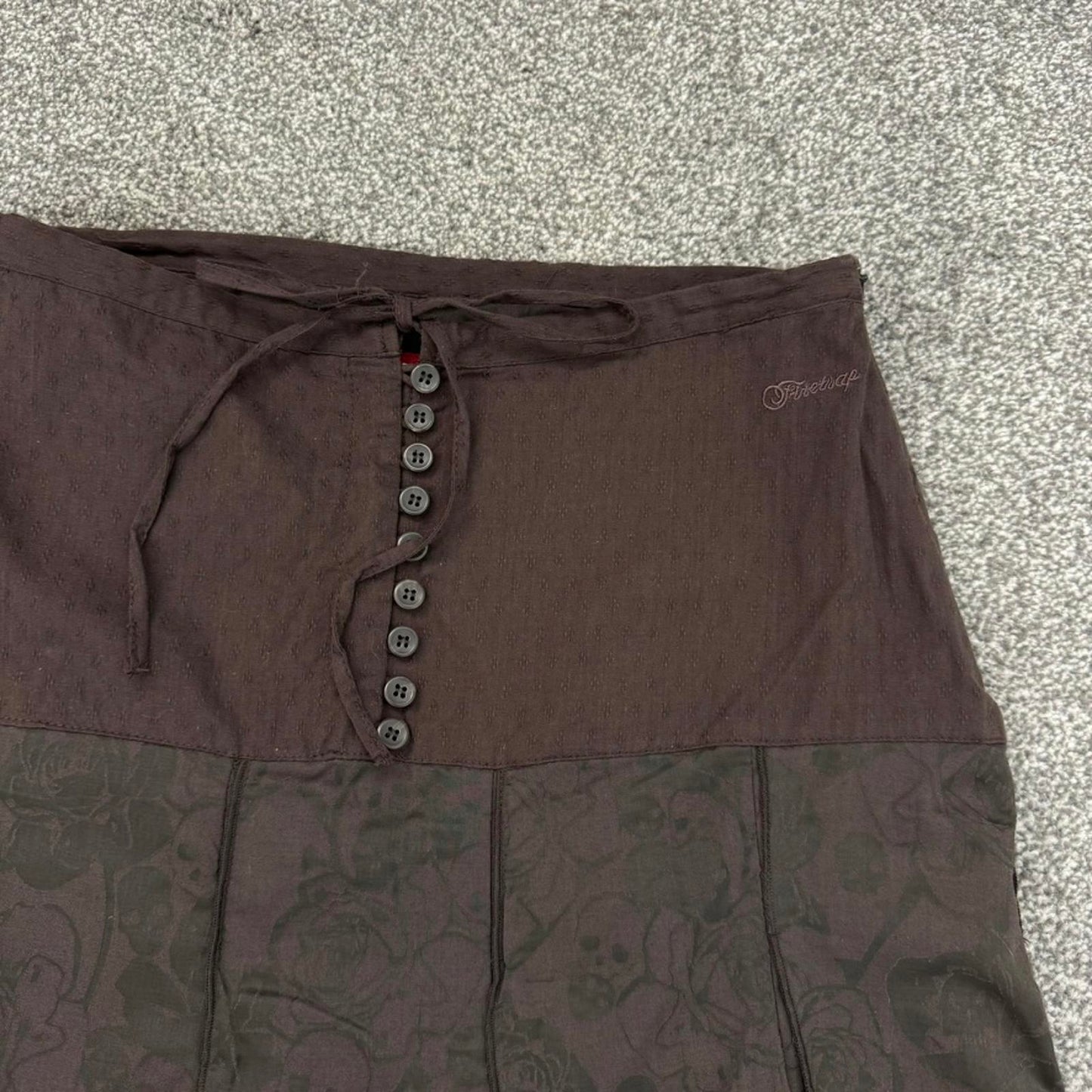 Y2K vintage Firestrap midi skirt skull roses brown button up bow a line frill