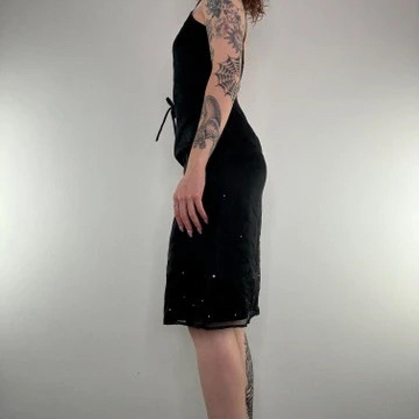 Y2K vintage 100% silk midi dress a line rhinestone floral embroidery bow