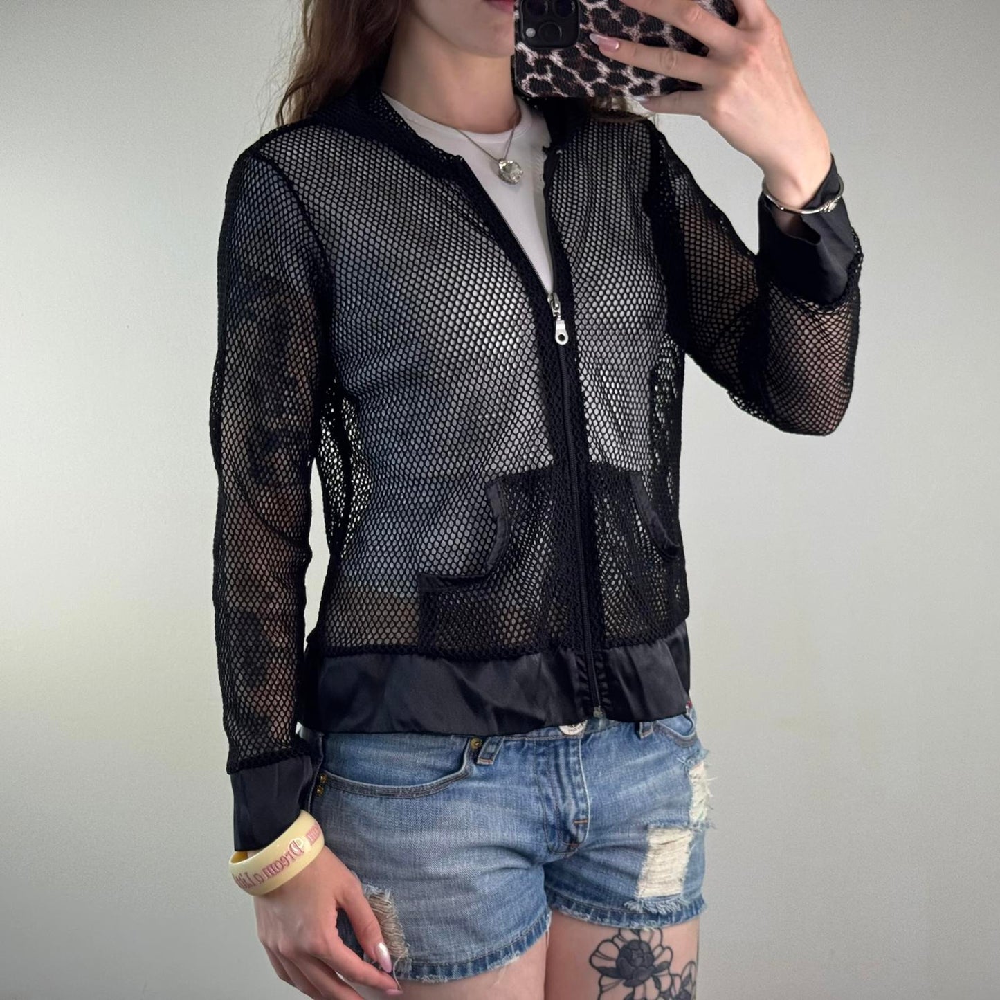 Y2K vintage fishnet mesh perforated zip up hoodie lightweight sheer see through