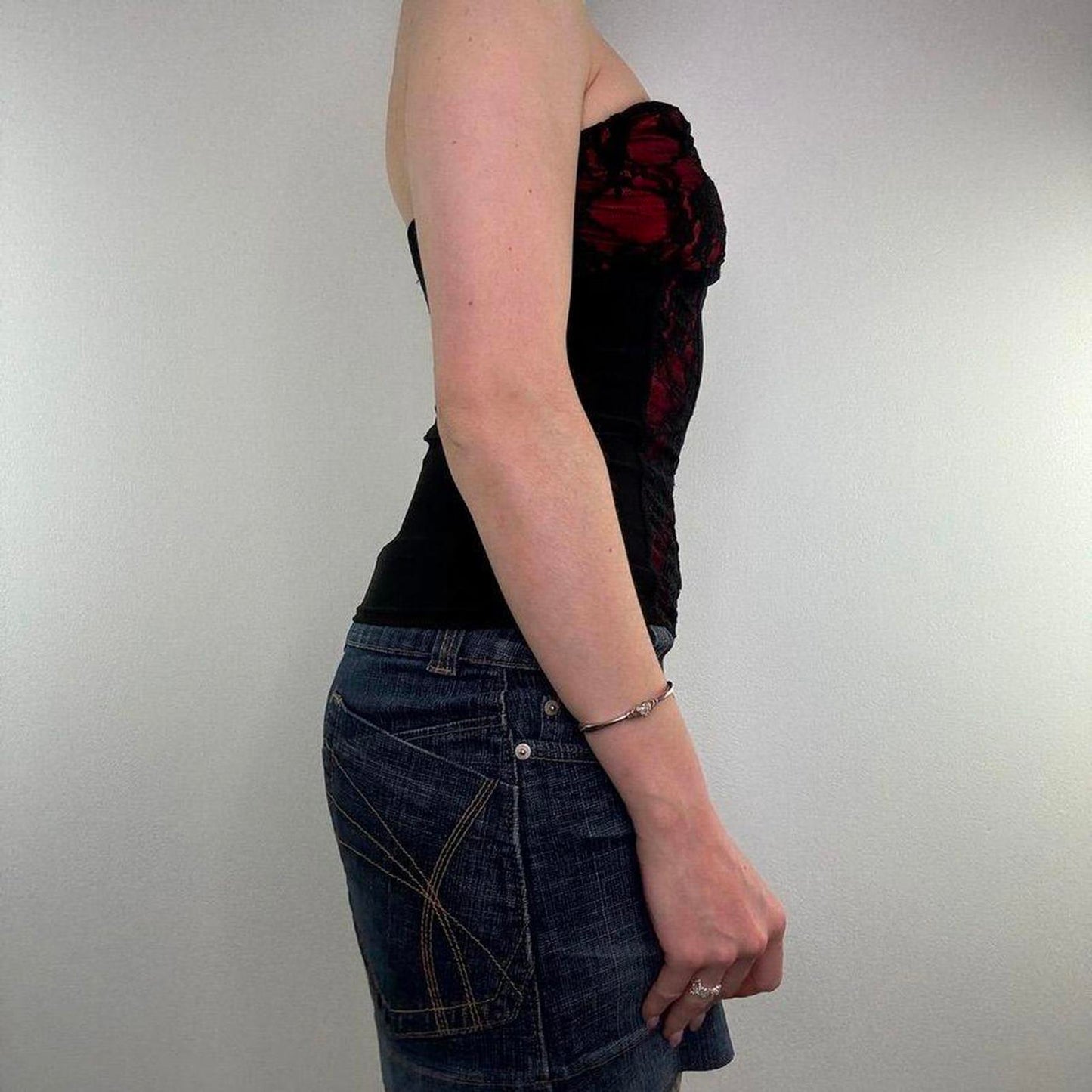 Y2K vintage strapless hook and eye style lace top stretchy red black bandeau