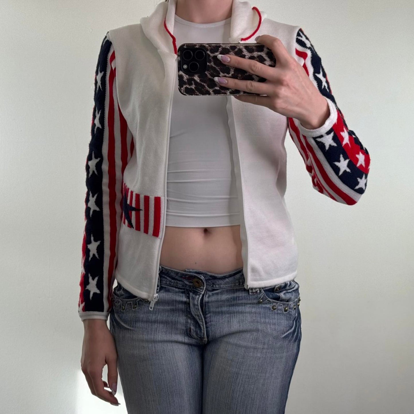 Y2K vintage USA zip up hoodie America star stripe knitted knit blue red white