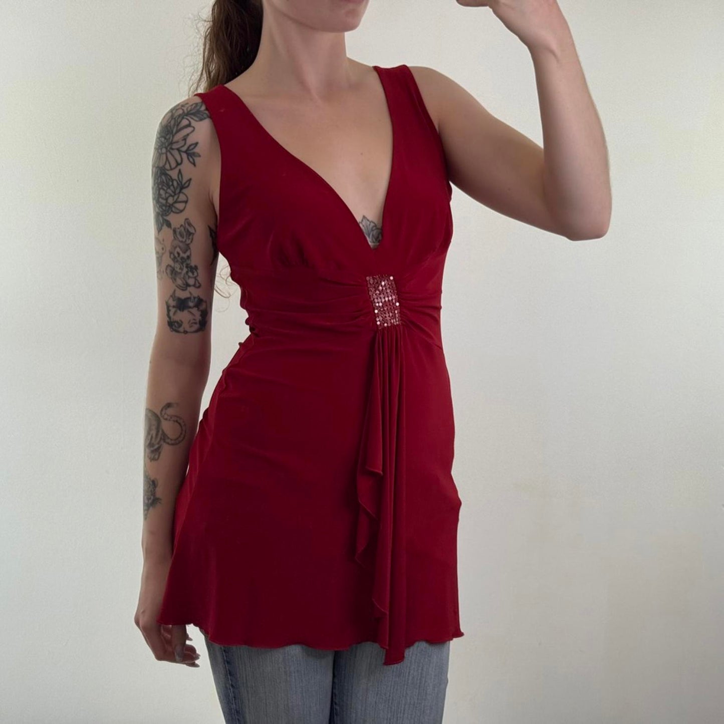 Y2K vintage slinky ruffle tank top ruched stretchy long length v neck red