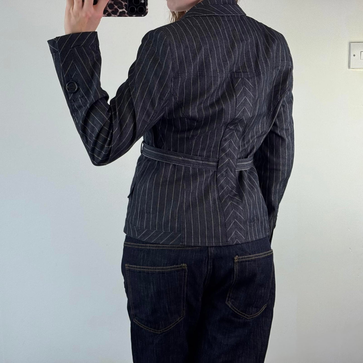 Y2K vintage Karen Millen navy denim pinstripe button up blazer jacket belt