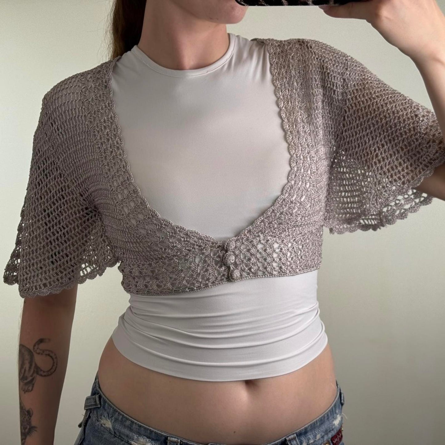 Y2K vintage crochet batwing short sleeve cardigan cropped fitted open bust