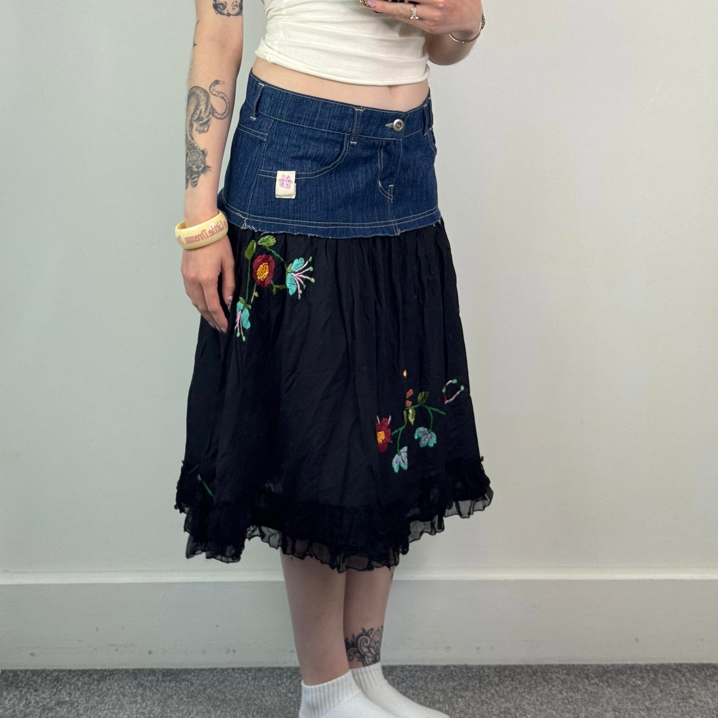 Y2K vintage boho denim cotton tiered embroidered midi skirt floral bird ruffle