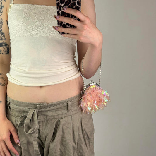 Y2K vintage pink satin leaf embellished chain mini micro purse evening beaded