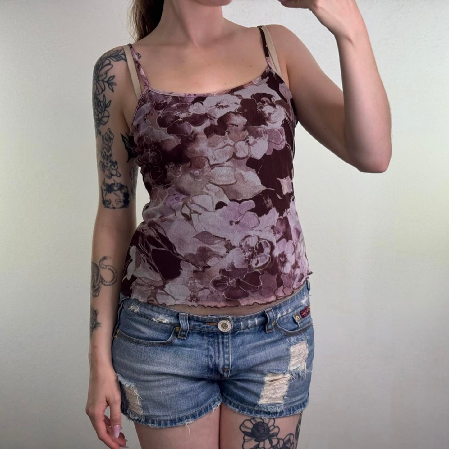 Y2K vintage mesh floral cami top stretchy lettuce hem strappy