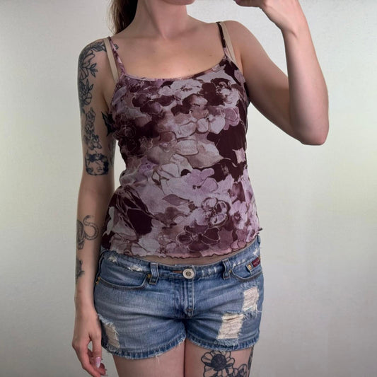 Y2K vintage mesh floral cami top stretchy lettuce hem strappy