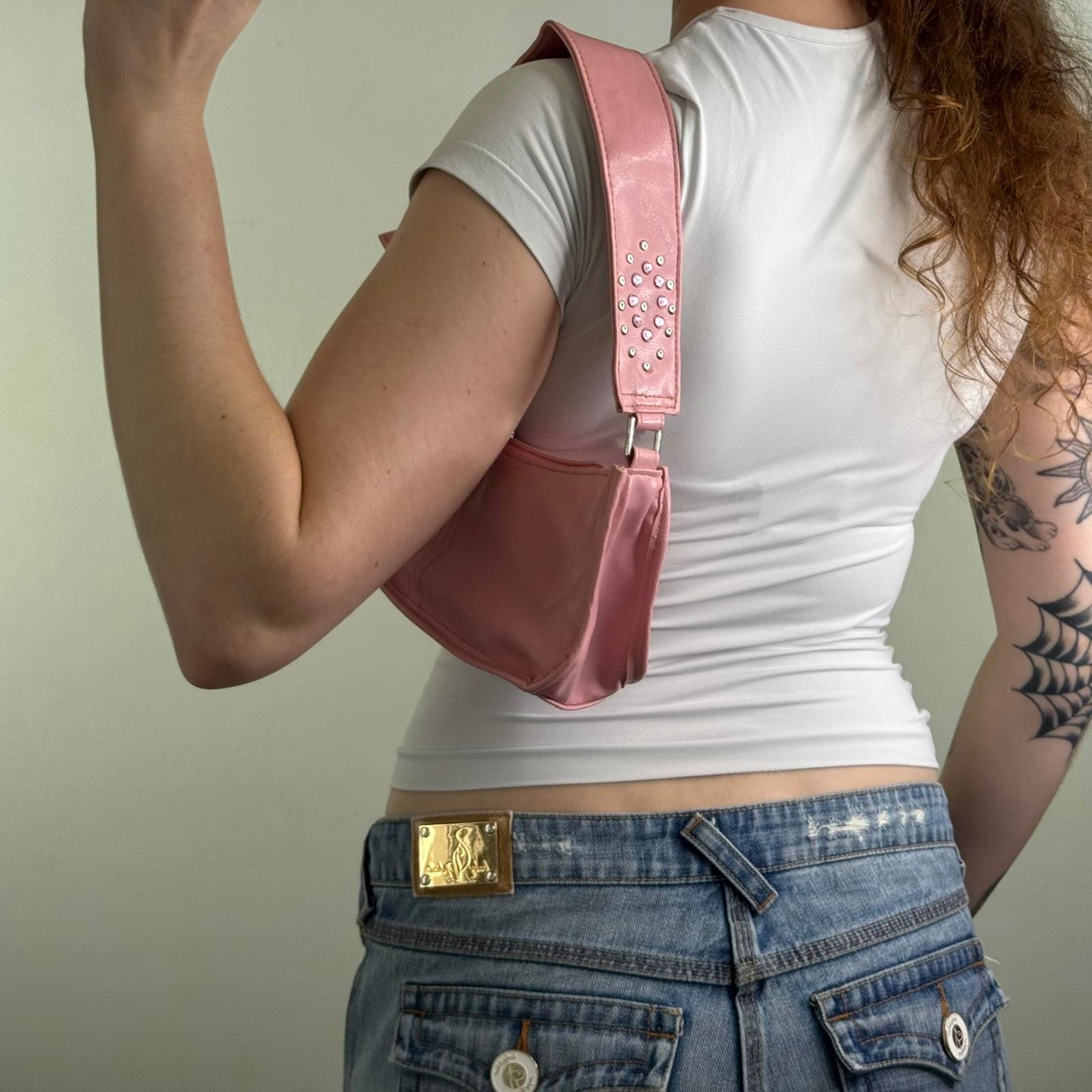 Y2K vintage faux leather mini shoulder bag baby pink studded rhinestone