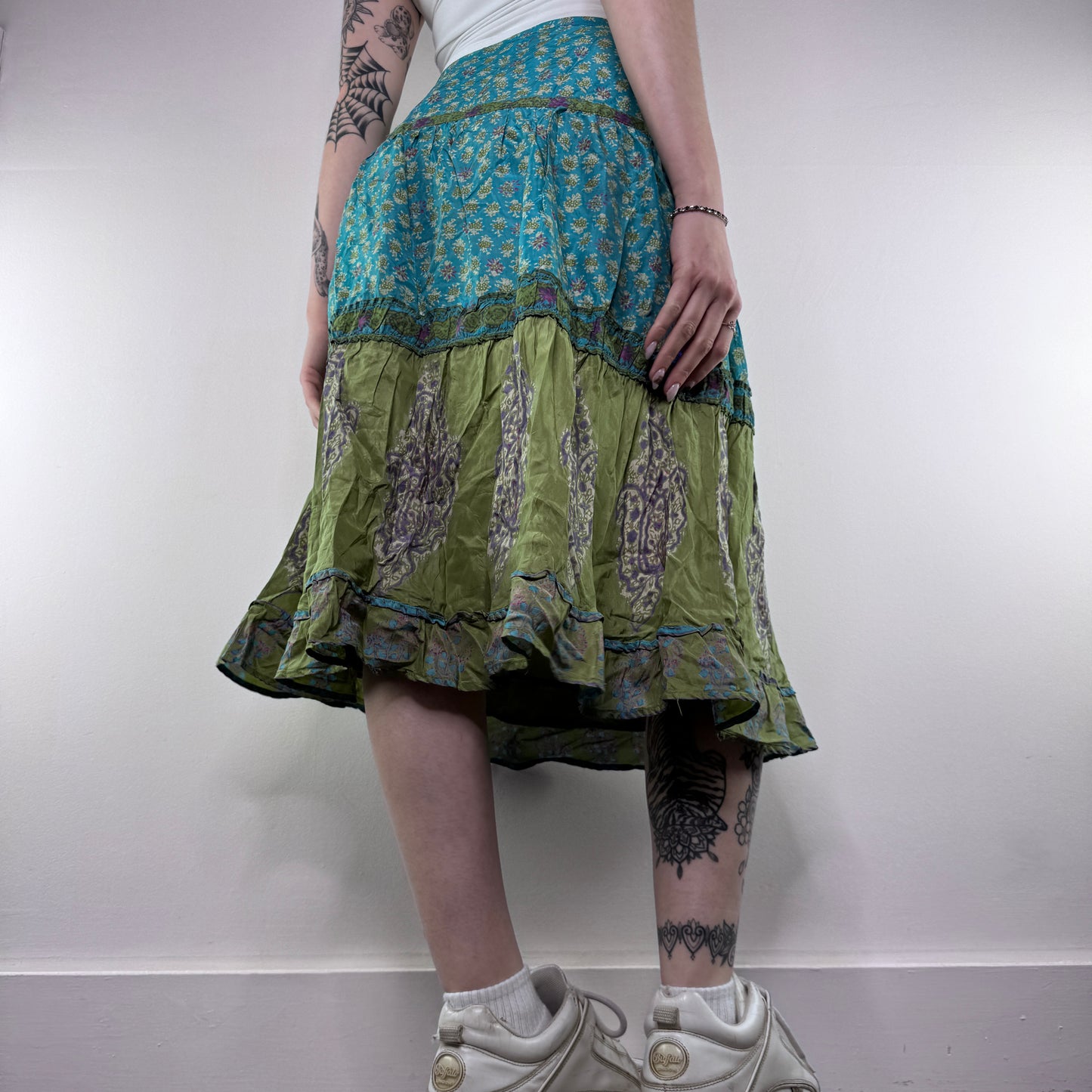 Y2K vintage paisley print silk midi skirt