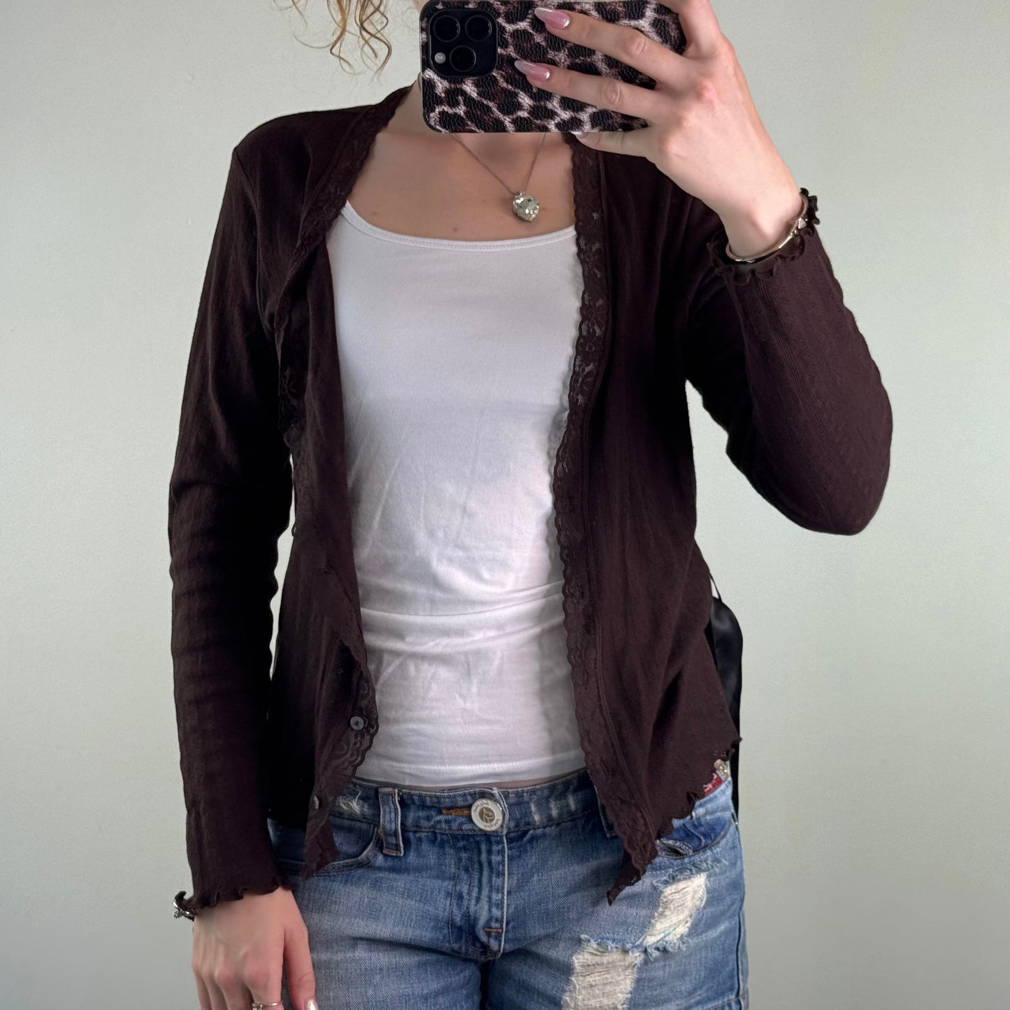 Y2K vintage fine knit button up cardigan satin bow v neck lace trim lettuce hem