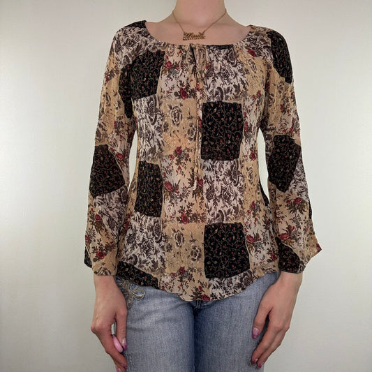 Y2K vintage blouse top sheer floral flared sleeve bow boho