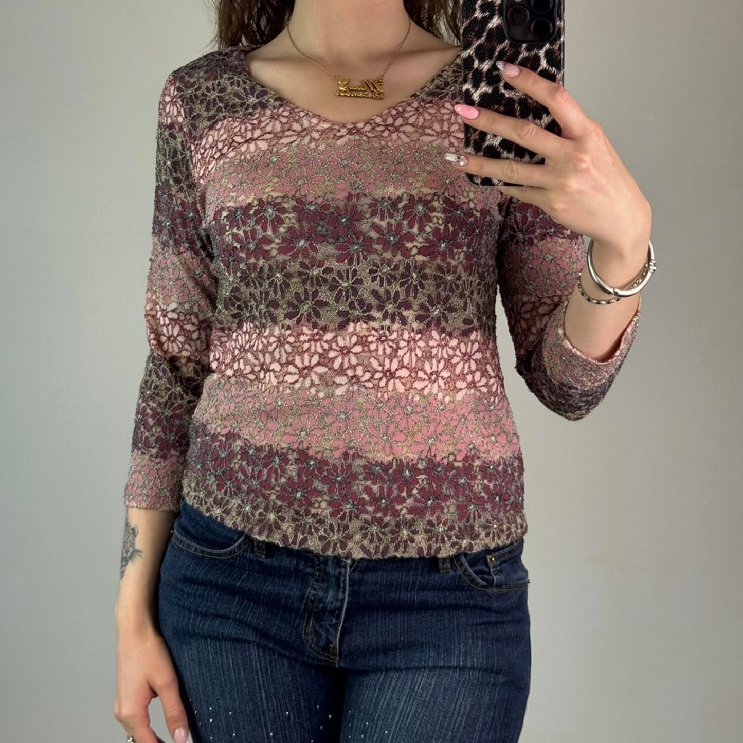 Y2K vintage mesh floral stripe 3/4 sleeve top lace pink/ purple v neck