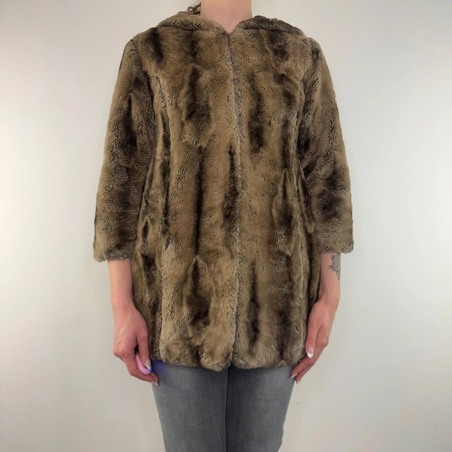 Y2K vintage faux fur coat stripe oversized hood archive two tone brown bubble