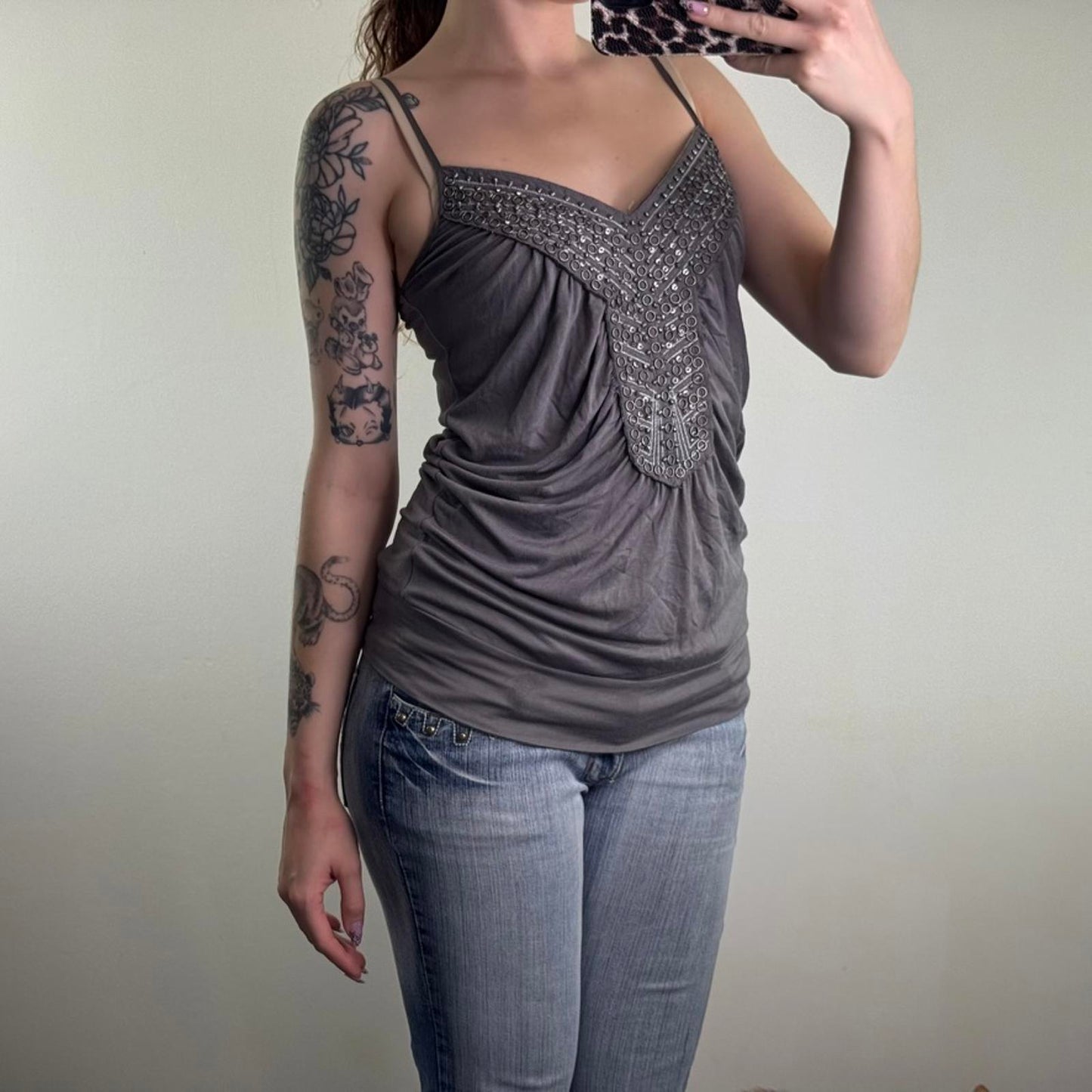 Y2K vintage beaded ruched slouchy cami top strappy embellished embroidery baggy