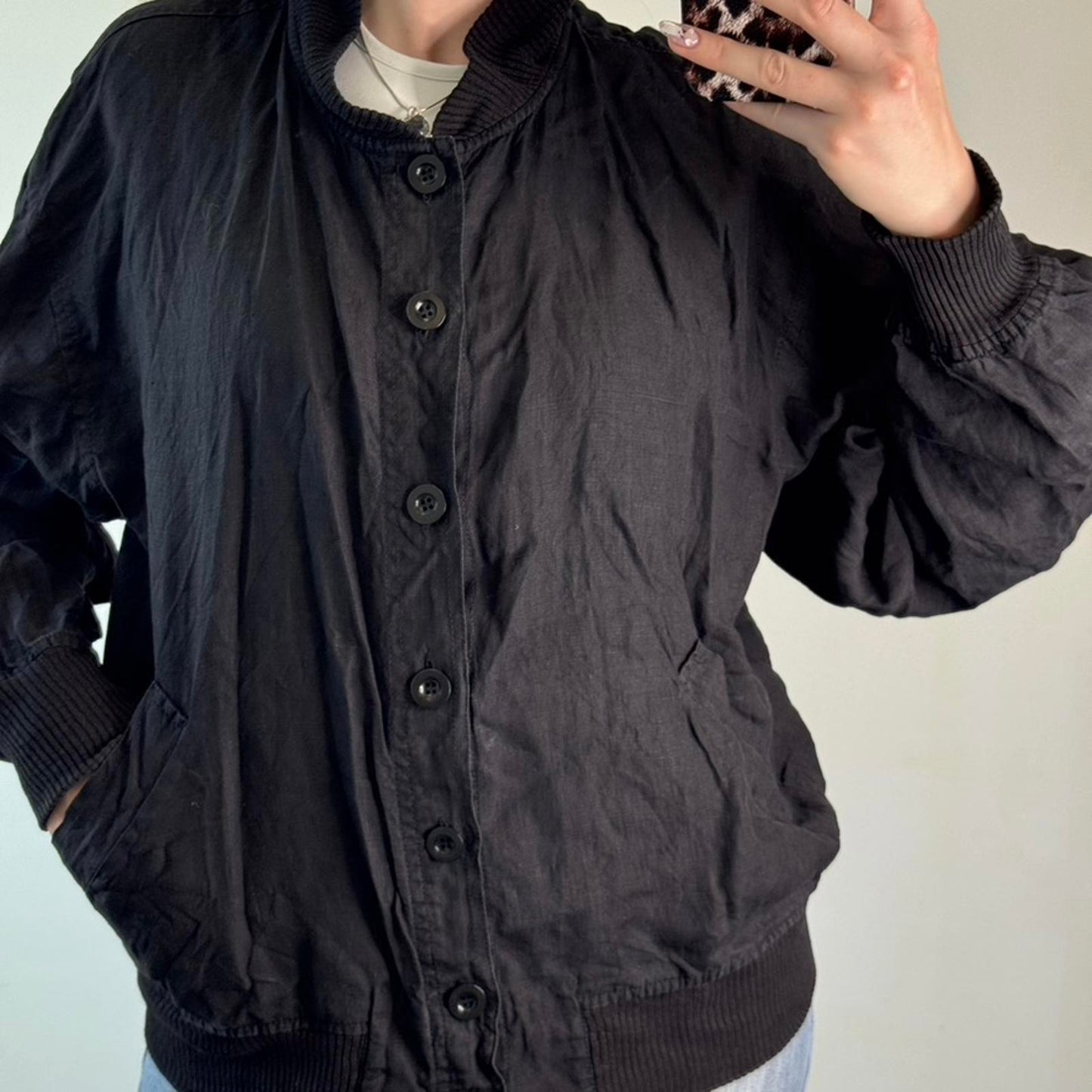 Vintage Aquascutum linen button up bomber jacket lightweight summer collarless