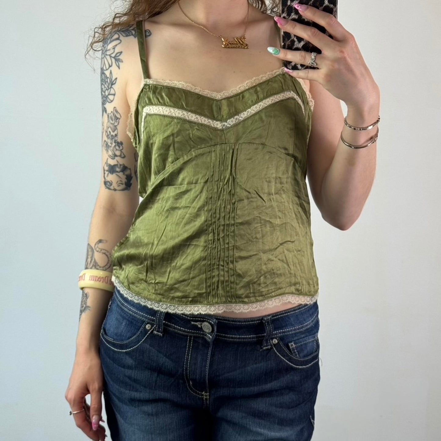 Y2K vintage silk lace trim cotton cami top strappy green cream grey