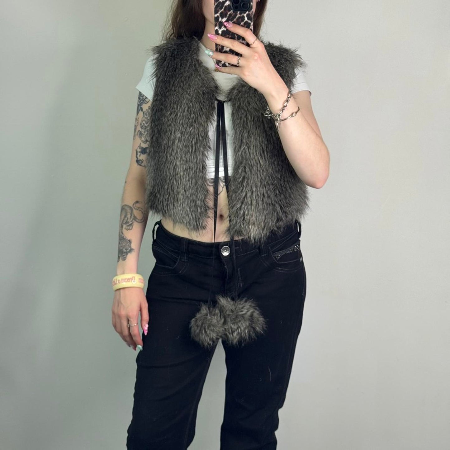 Y2K vintage grey faux fur sleeveless gilet jacket pom poms bow cropped v neck