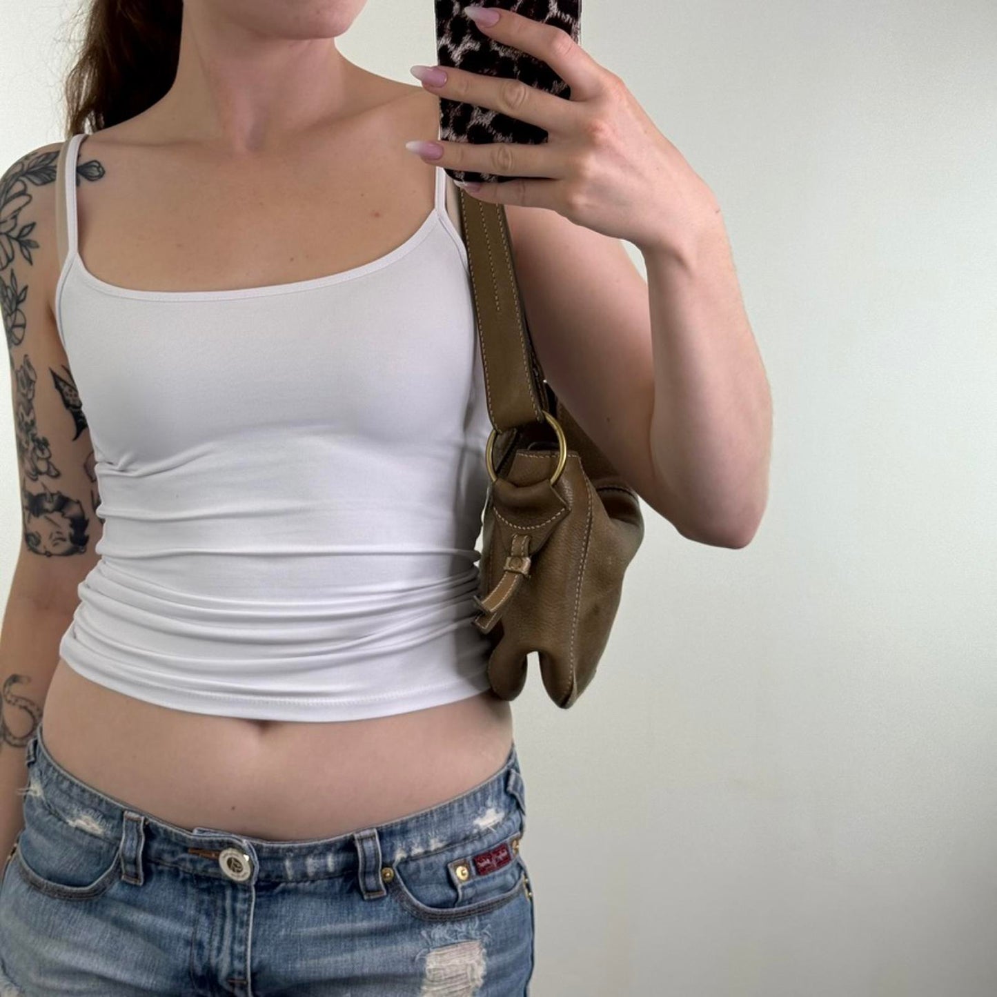 Y2K vintage genuine leather small shoulder bag contrast stitch o ring