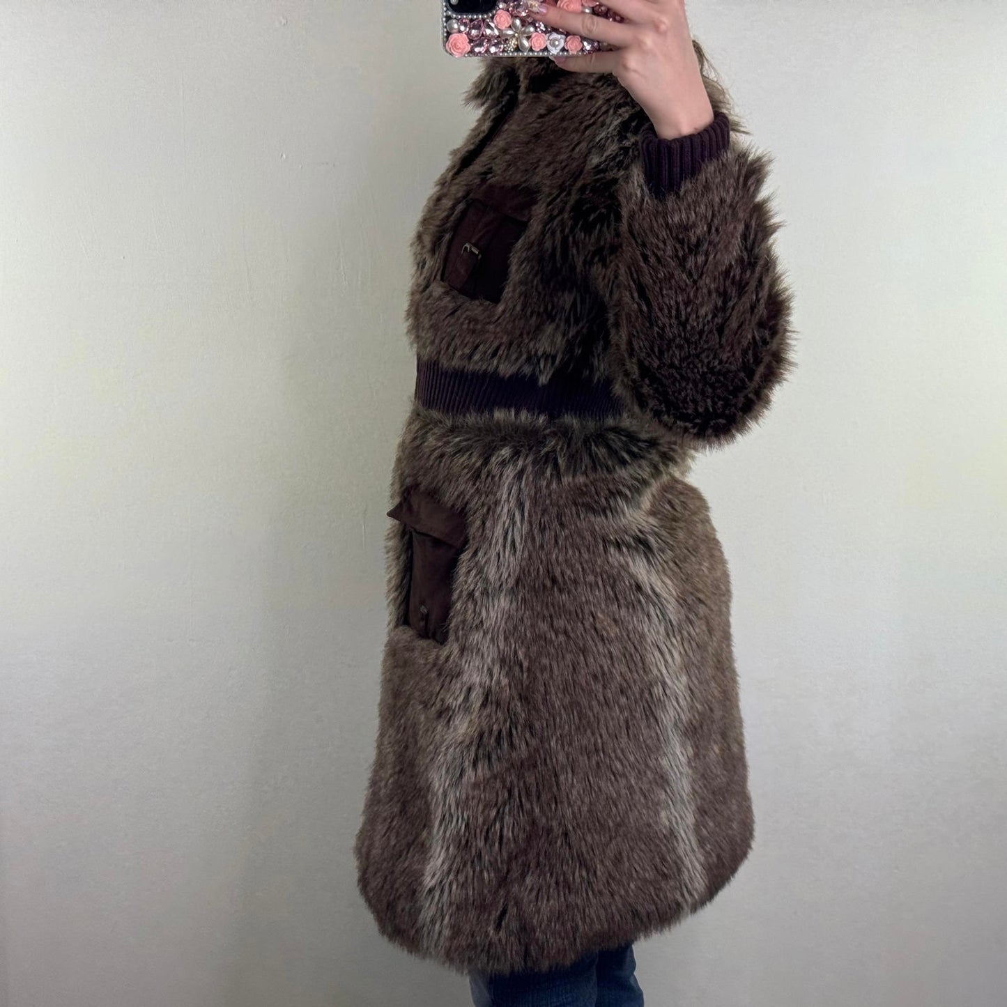 Y2K vintage faux fur long zip up coat cargo pocket faux suede ribbed cuffs