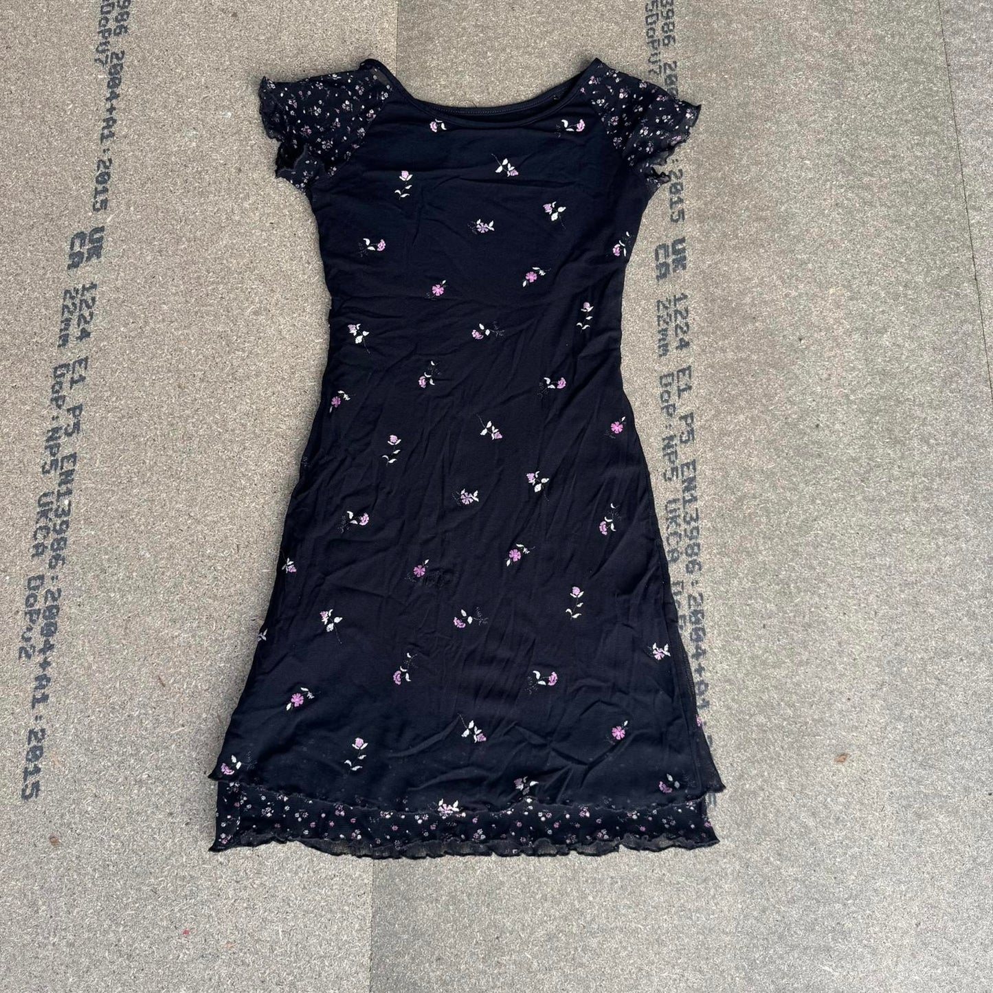 Y2K vintage black ditsy floral cap sleeve mini dress mesh