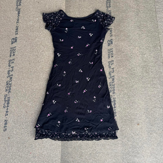 Y2K vintage black ditsy floral cap sleeve mini dress mesh